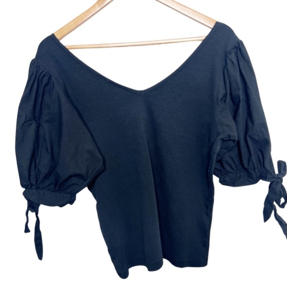 Anthropologie Maeve Black Puff Sleeve V Neck Tie Cuff Knit Top Womens Large - Picture 8 of 16